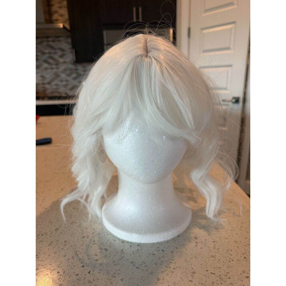 14in White Wavy Bob Wig with Bangs Heat Resistant Cosplay Adjustable